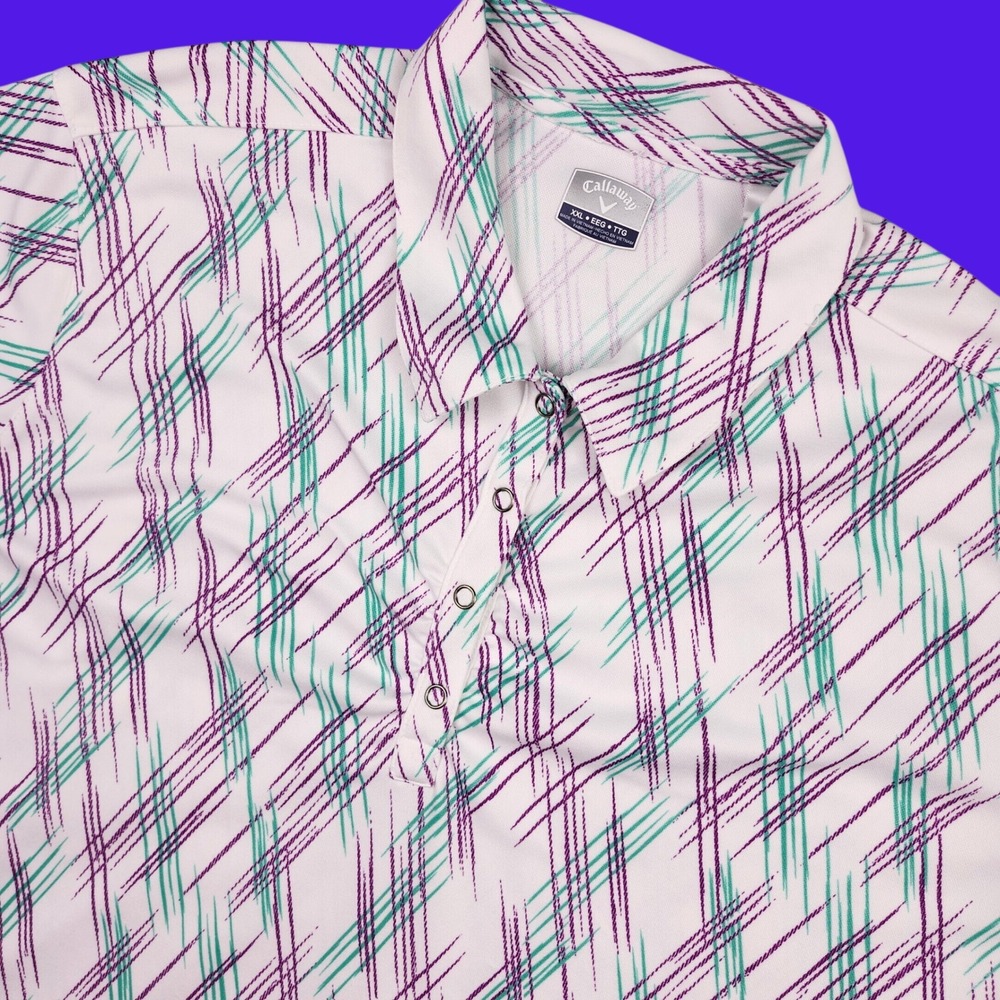 Callaway Snap Polo Shirt Women XXL White Purple Teal Geometric Golf Preppy